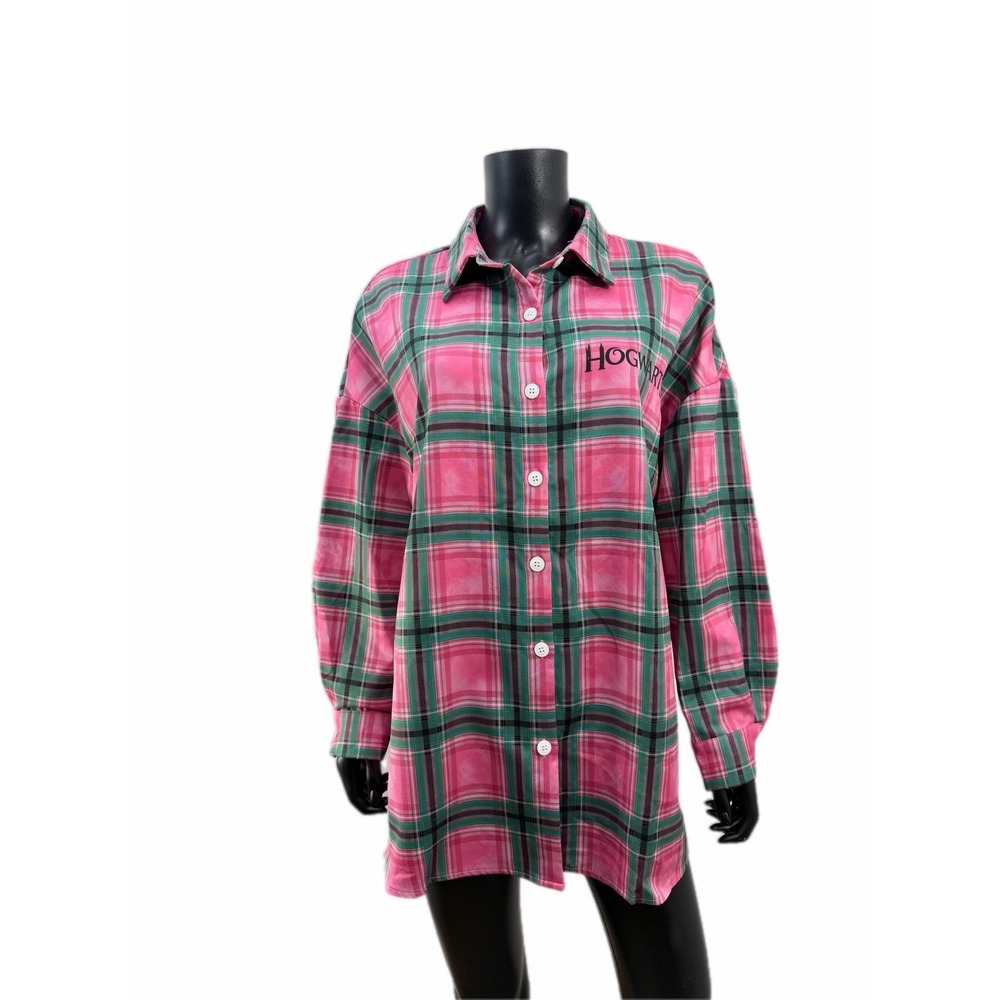 Harry Potter Hogwarts‎ Pink Green Plaid Button Down Shirt Women's L Graphic Back